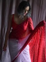 Women's Linen Printed Saree With Unstitched Blouse - 5.5 Mtr (White-Red) - Image 5