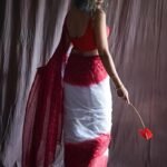 Women's Linen Printed Saree With Unstitched Blouse - 5.5 Mtr (White-Red)