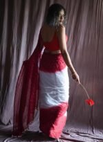 Women's Linen Printed Saree With Unstitched Blouse - 5.5 Mtr (White-Red)