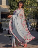 Women's Linen Floral Printed Saree With Unstitched Blouse - 5.5 Mtr (Grey) - Image 3
