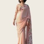 Women's Linen Floral Printed Saree With Unstitched Blouse - 5.5 Mtr (Peach)
