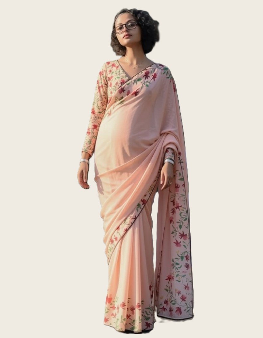 Bg Remover 9 -1000 * 1100 - BSB253SAVYYYC561_Peach_Main Women's Linen Floral Printed Saree With Unstitched Blouse - 5.5 Mtr (Peach) - Image 1