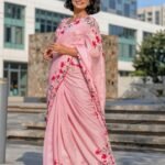 Women's Linen Floral Printed Saree With Unstitched Blouse - 5.5 Mtr (Pink)