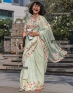 Women's Linen Floral Printed Saree With Unstitched Blouse - 5.5 Mtr (Light Green) - Image 3