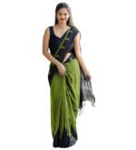 Women's Linen Kalamkari Printed Saree With Unstitched Blouse - 5.5 Mtr (Olive Green-Black) - Image 2