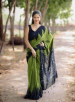 Women's Linen Kalamkari Printed Saree With Unstitched Blouse - 5.5 Mtr (Olive Green-Black) - Image 3