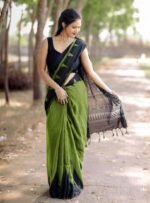 Women's Linen Kalamkari Printed Saree With Unstitched Blouse - 5.5 Mtr (Olive Green-Black) - Image 4