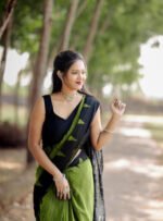 Women's Linen Kalamkari Printed Saree With Unstitched Blouse - 5.5 Mtr (Olive Green-Black) - Image 5