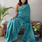 Women's Linen Printed Saree With Unstitched Blouse - 5.5 Mtr (Teal)