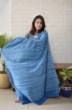 Women's Linen Printed Saree With Unstitched Blouse - 5.5 Mtr (Royal blue) - Image 5