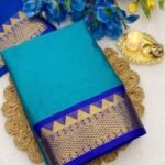 Women's Cotton Silk Striped Saree With Unstitched Blouse - 5.5 Mtr (Teal-Royal Blue)