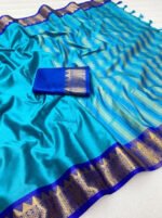 Women's Cotton Silk Striped Saree With Unstitched Blouse - 5.5 Mtr (Teal-Royal Blue) - Image 3