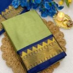 Women's Cotton Silk Striped Saree With Unstitched Blouse - 5.5 Mtr (Pista Green-Blue)