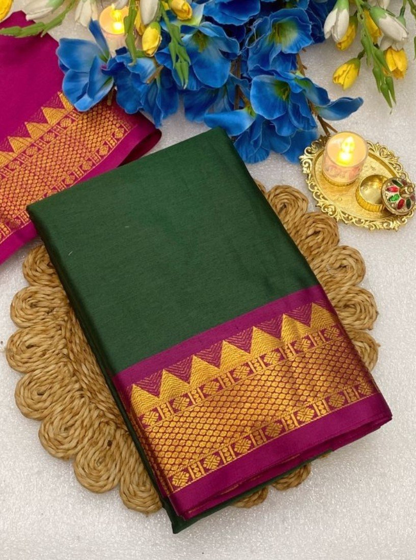 Bg Remover 9 -1000 * 1100 - BSB253SAVYYYC566_GreenPink_Main Women's Cotton Silk Striped Saree With Unstitched Blouse - 5.5 Mtr (Dark Green-Magenta) - Image 1
