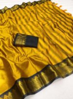 Women's Cotton Silk Striped Saree With Unstitched Blouse - 5.5 Mtr (Mustard Yellow-Black) - Image 3