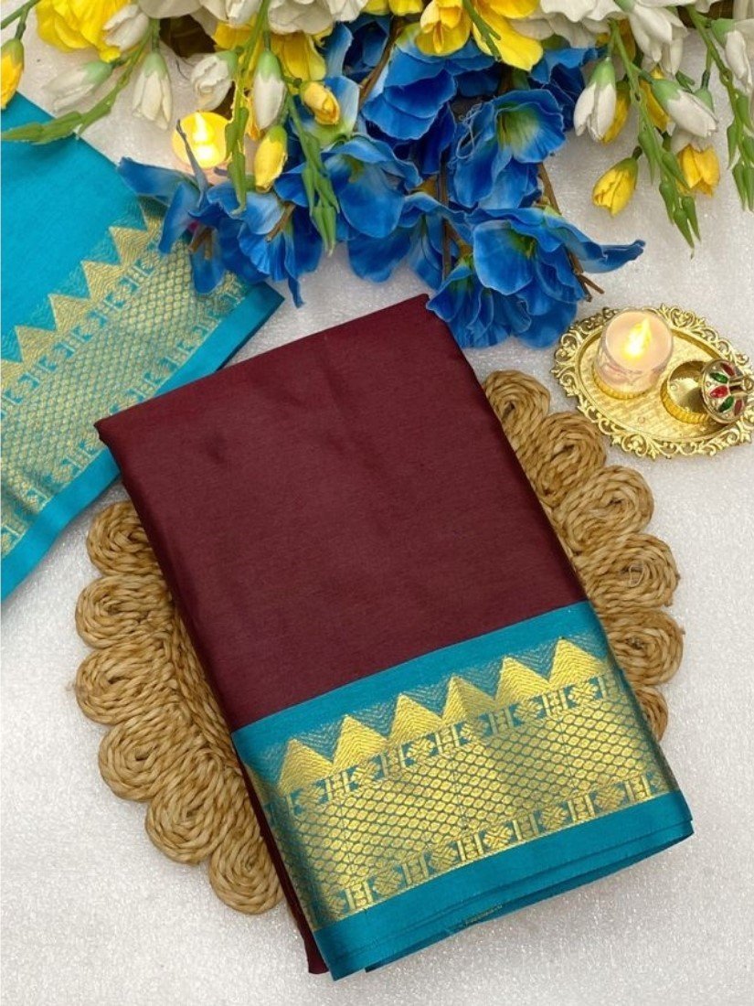 Bg Remover 9 -1000 * 1100 - BSB253SAVYYYC566_ChokltSagr_Main Women's Cotton Silk Striped Saree With Unstitched Blouse - 5.5 Mtr (Maroon-Turquoise) - Image 1