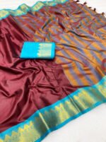 Women's Cotton Silk Striped Saree With Unstitched Blouse - 5.5 Mtr (Maroon-Turquoise) - Image 3