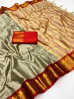 Women's Cotton Silk Striped Saree With Unstitched Blouse - 5.5 Mtr (Beige-Red) - Image 3