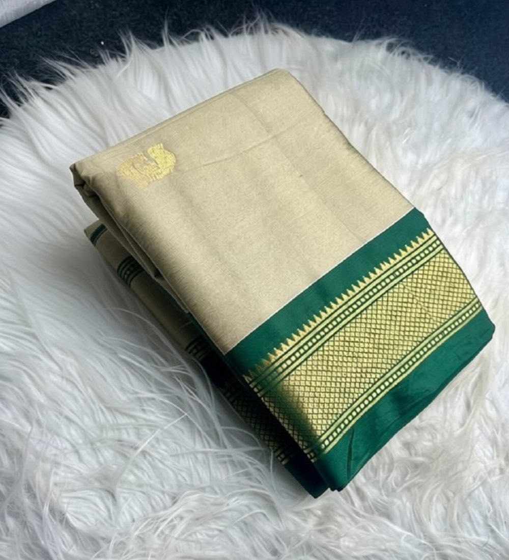 PID-68047-Women-s-Cotton-Silk-Striped-Saree-With-Unstitched-Blouse-5-5-Mtr-Beige-1.jpg Women's Cotton Silk Solid Saree With Unstitched Blouse - 5.5 Mtr (Beige-Green) - Image 1