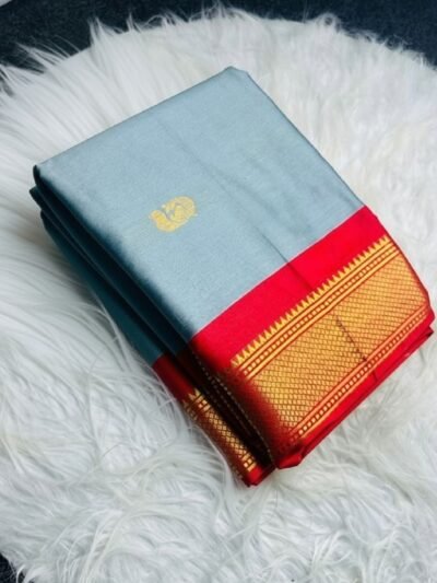 Women's Cotton Silk Solid Saree With Unstitched Blouse - 5.5 Mtr (Grey-Red)