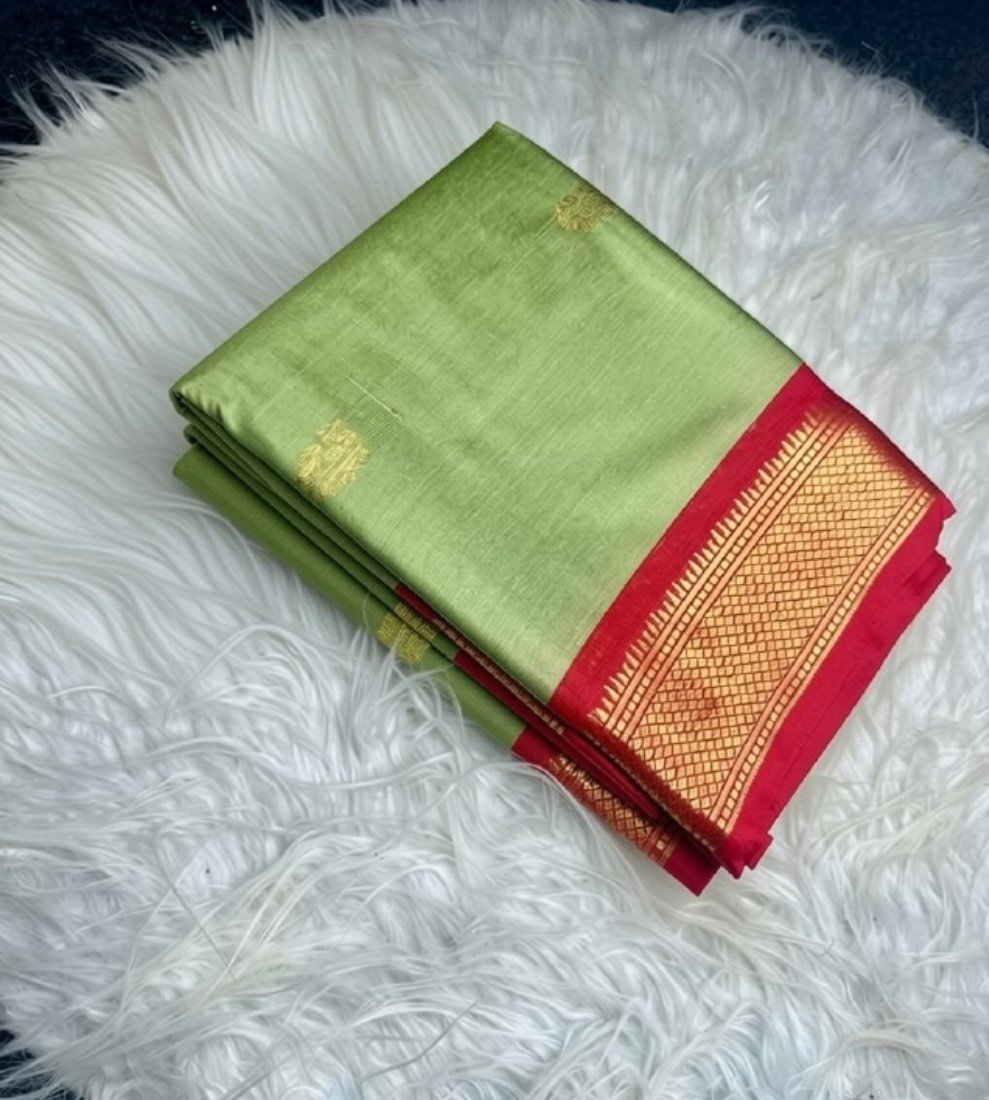 Bg Remover 8 - BSB253SAVYYYC569_CP_pistared_Main Women's Cotton Silk Solid Saree With Unstitched Blouse - 5.5 Mtr (Pista Green-Red) - Image 1
