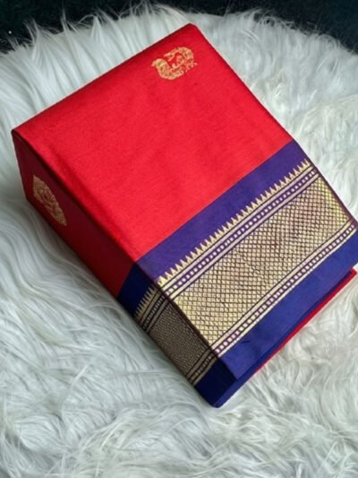 Women's Cotton Silk Solid Saree With Unstitched Blouse - 5.5 Mtr (Red-Blue)