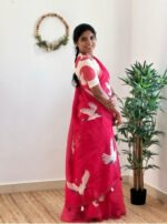 Women's Linen Printed Saree With Unstitched Blouse - 5.5 Mtr (Pink) - Image 3