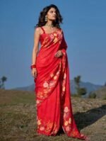 Women's Linen Floral Printed Saree With Unstitched Blouse - 5.5 Mtr (Red)