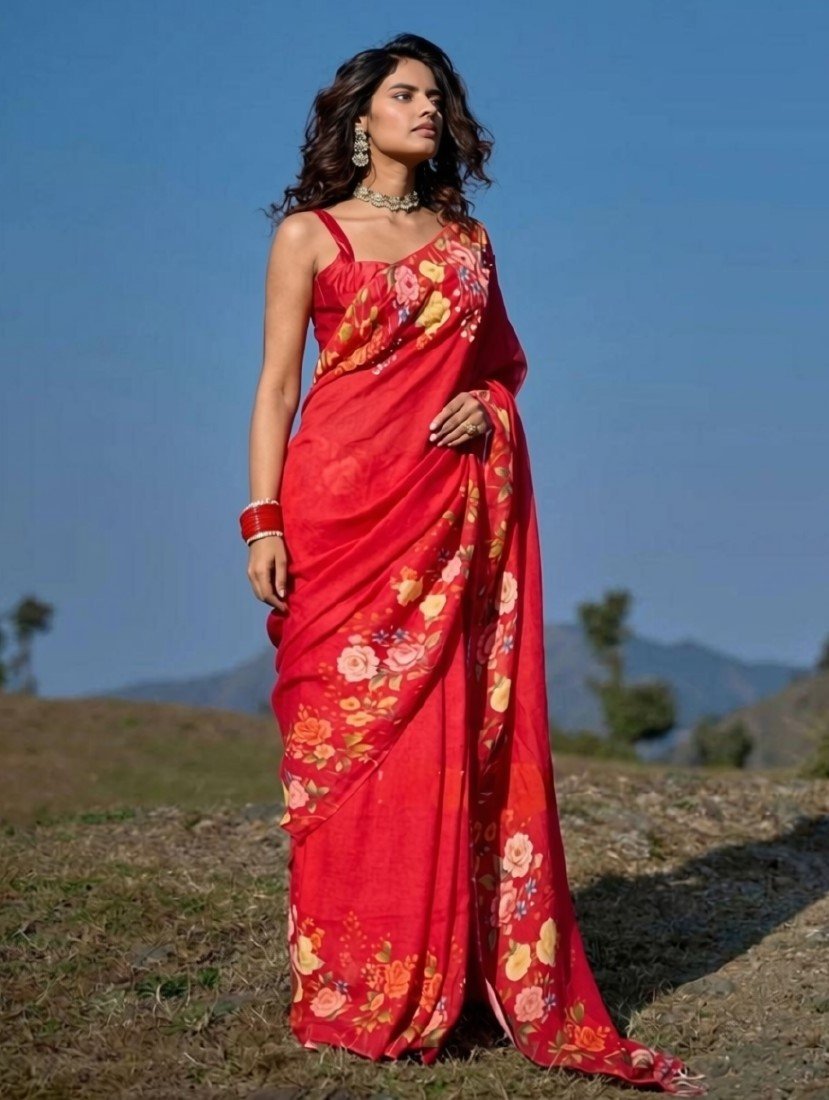 Bg Remover 8 - BSB253SAVYYYC575_Red_Main Women's Linen Floral Printed Saree With Unstitched Blouse - 5.5 Mtr (Red) - Image 1