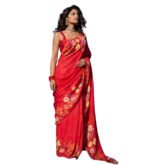 Women's Linen Floral Printed Saree With Unstitched Blouse - 5.5 Mtr (Red) - Image 2