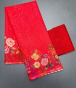 Women's Linen Floral Printed Saree With Unstitched Blouse - 5.5 Mtr (Red) - Image 4