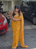 Women's Linen Printed Saree With Unstitched Blouse - 5.5 Mtr (Yellow) - Image 4