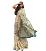 Women's Linen Printed Saree With Unstitched Blouse - 5.5 Mtr (Off White) - Image 2