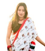 Women's Linen Printed Saree With Unstitched Blouse - 5.5 Mtr (White-Red) - Image 2