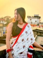 Women's Linen Printed Saree With Unstitched Blouse - 5.5 Mtr (White-Red) - Image 4