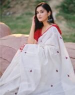 Women's Linen Embroidered Saree With Unstitched Blouse - 5.5 Mtr (White-Red) - Image 3