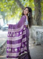Women's Linen Printed Saree With Unstitched Blouse - 5.5 Mtr (Purple) - Image 3
