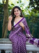Women's Linen Printed Saree With Unstitched Blouse - 5.5 Mtr (Purple) - Image 5