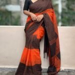 Women's Linen Checkered Saree With Unstitched Blouse - 5.5 Mtr (Orange-Black)