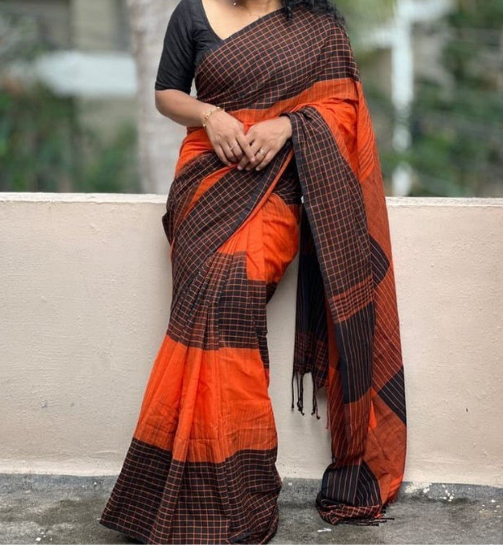 Bg Remover 8 - BSB253SAVYYYC589_BlackOrange_Main Women's Linen Checkered Saree With Unstitched Blouse - 5.5 Mtr (Orange-Black) - Image 1