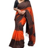 Women's Linen Checkered Saree With Unstitched Blouse - 5.5 Mtr (Orange-Black) - Image 2