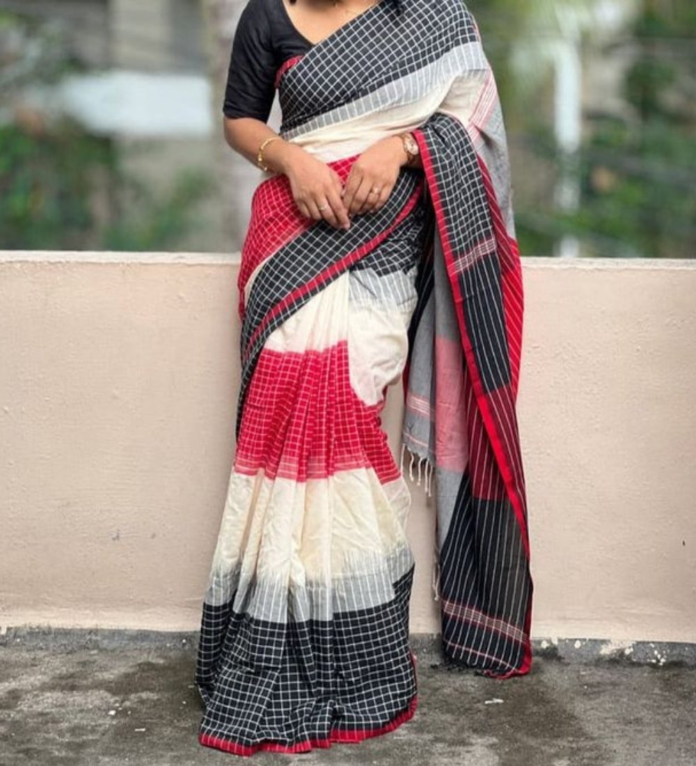 PID-68085-Women-s-Linen-Checkered-Saree-With-Unstitched-Blouse-5-5-Mtr-Wine-1.jpg Women's Linen Checkered Saree With Unstitched Blouse - 5.5 Mtr (Multicolor) - Image 1