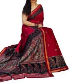 Women's Linen Kalamkari Printed Saree With Unstitched Blouse - 5.5 Mtr (Red-Navy Blue) - Image 2