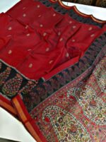 Women's Linen Kalamkari Printed Saree With Unstitched Blouse - 5.5 Mtr (Red-Navy Blue) - Image 3