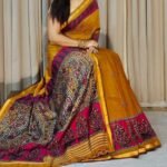 Women's Linen Kalamkari Printed Saree With Unstitched Blouse - 5.5 Mtr (Mustard-Yellow-Magenta)
