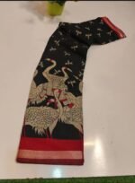 Women's Linen Kalamkari Printed Saree With Unstitched Blouse - 5.5 Mtr (Black-Red) - Image 3