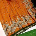 Women's Linen Kalamkari Printed Saree With Unstitched Blouse - 5.5 Mtr (Orange-Green)