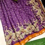 Women's Linen Kalamkari Printed Saree With Unstitched Blouse - 5.5 Mtr (Purple-Orange)