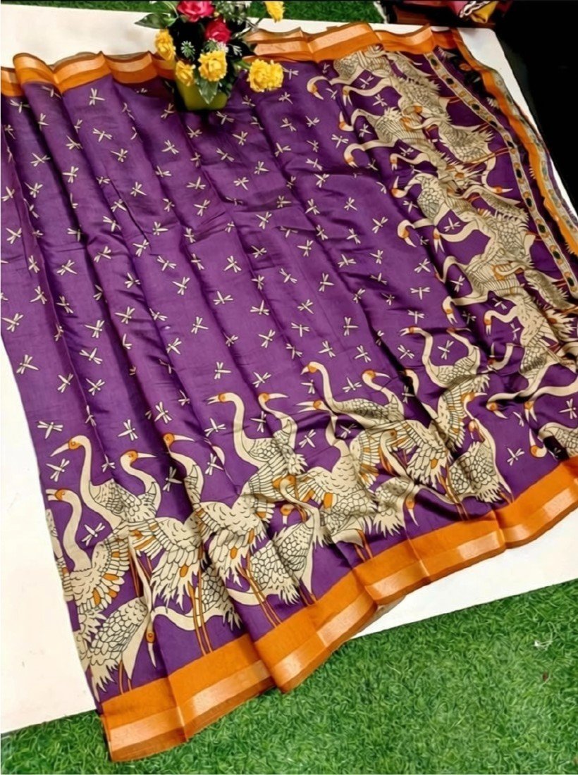 PID-68095-Women-s-Linen-Floral-Printed-Saree-With-Unstitched-Blouse-5-5-Mtr-Blue-1.jpg Women's Linen Kalamkari Printed Saree With Unstitched Blouse - 5.5 Mtr (Purple-Orange) - Image 1