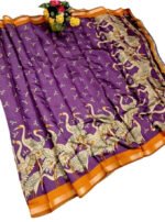 Women's Linen Kalamkari Printed Saree With Unstitched Blouse - 5.5 Mtr (Purple-Orange) - Image 2